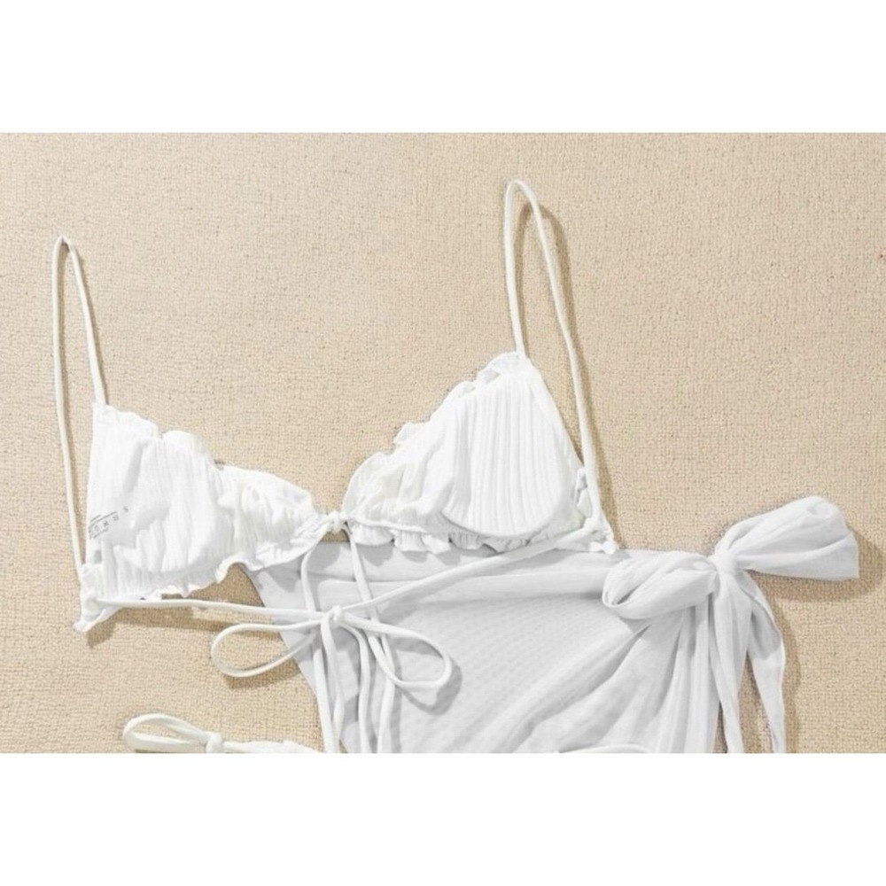 White Ribbed Ruffle Bikini Top Swimsuit Adjustable Spaghetti Strap Small - Picture 3 of 4